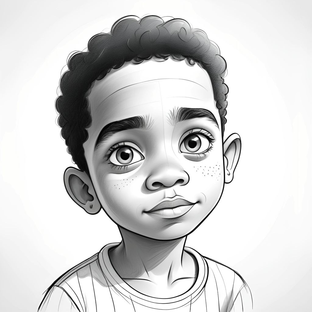 A detailed charcoal sketch of a young boy with expressive eyes and curly hair. This monochrome drawing showcases the artist's skill in creating lifelike and emotive portraits.