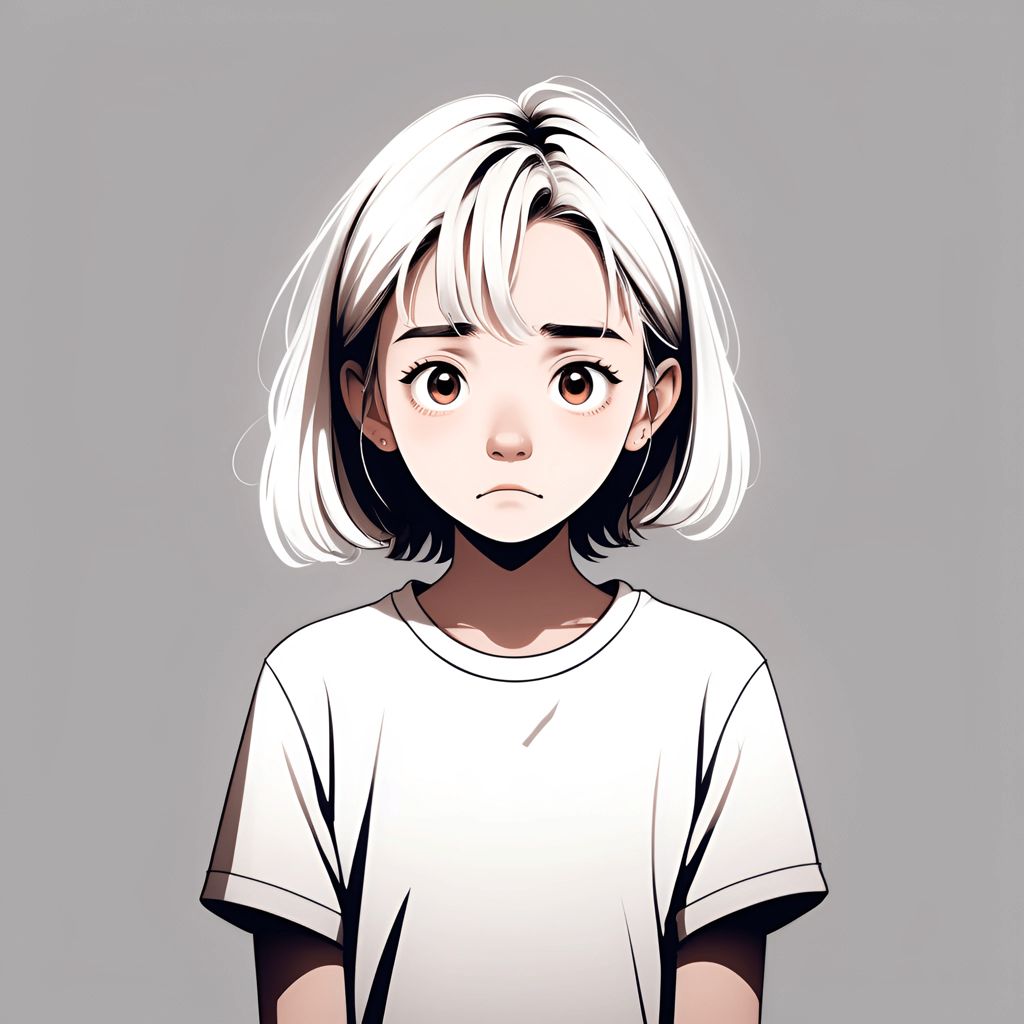 A digital illustration of a pensive anime girl with white hair, representing Japanese manga art style. The character's expression conveys deep thought and emotion.
