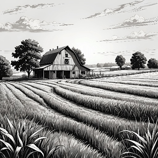 image of a farm with a barn and a field of crops