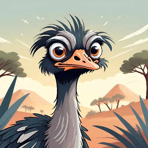 cartoon illustration of a bird with big eyes in the desert
