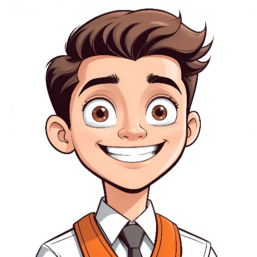 cartoon boy with a tie and vest smiling at the camera