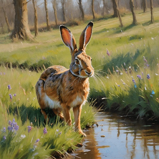 painting of a rabbit standing in a field next to a stream
